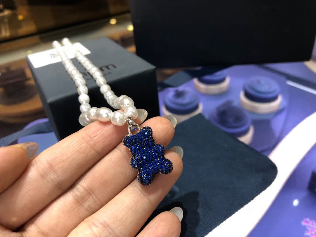 APM Monaco Pearl & Crystal Bear Pendant Necklace
